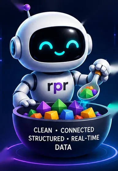 GB8, the RPR glass-industry assistant mascot: a friendly robot holding a bowl of structured data